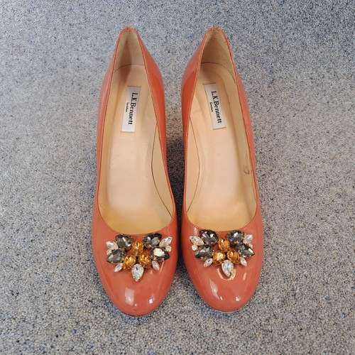 LK Bennett Court Shoes Pink 41 UK 8 Patent Leather 4" Block Heel Jewelled - Picture 4 of 11