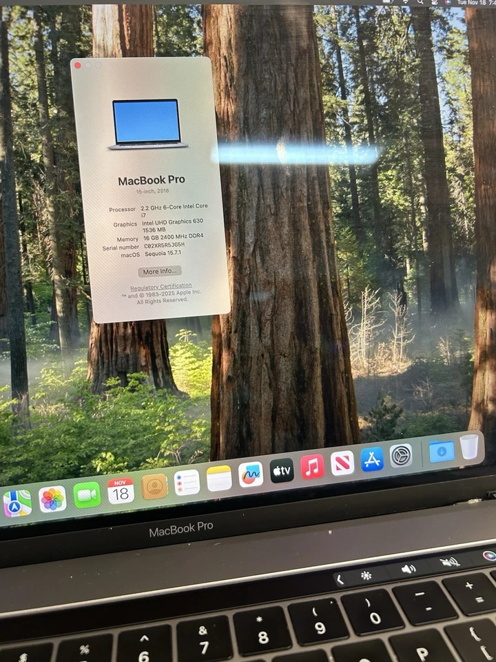 Apple MacBook Pro 2018 15” (i7 8th/2.2GHz/16GB/256gb SSD/Sequoia) READ - Image 2 of 4