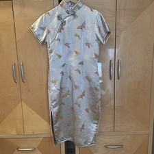 VTG Traditional Chinese Cheongsam Dress Woven Butterfly Cream Satin Size 40 M/L