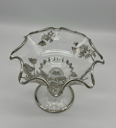 Vtg Flanders Glass by Silver City Candy Nuts Crimped Dish Bowl Silver Overlay - Picture 3 of 8