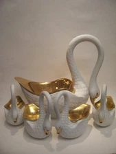 5 L'OBJET WHITE WITH GOLD LUSTER SWANS FROM -TALLEST 13 - MEDIUM 6 INCHES HIGH