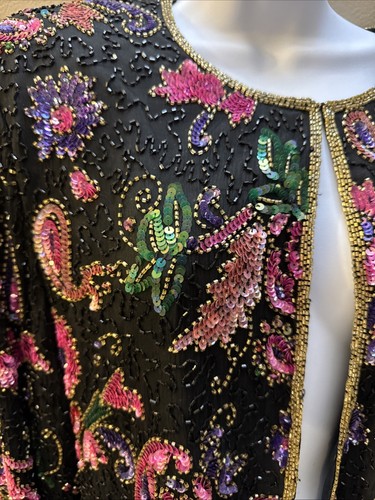 Laurence Kazar Black Silk Sequin Jacket Beaded Paisley Size XXL Vintage Y2K EUC - Picture 2 of 11