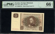 Sweden 1959 5 Kronor Svergis Riksbank Note SCWPM-42d PMG Gem Uncirculated 66 EPQ