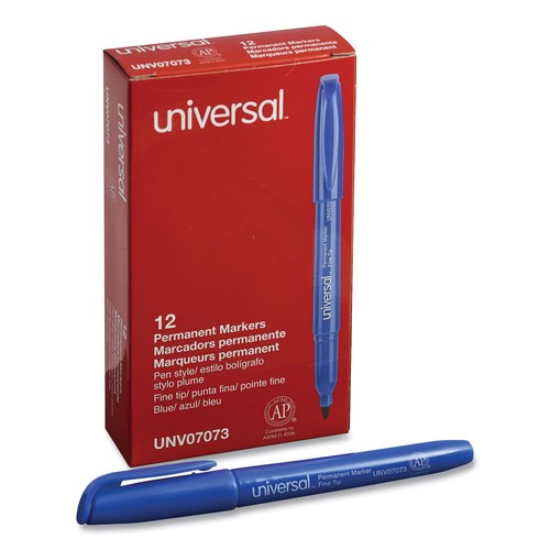Universal Pen-Style Permanent Marker, Bullet/Fine, Blue, 1 dozen - Imagen 8 de 10