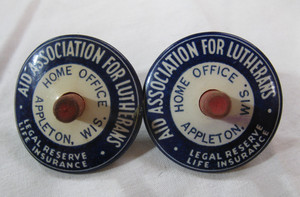 2 AID ASSOCIATION FOR LUTHERANS Appleton WIS Celluloid Finger SPIN TOP 1930s