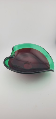 Vintage Seguso Murano Kunst Glas Herzform Rot & Grün Blatt Schale Zigarre Schmuck - Bild 3 von 16
