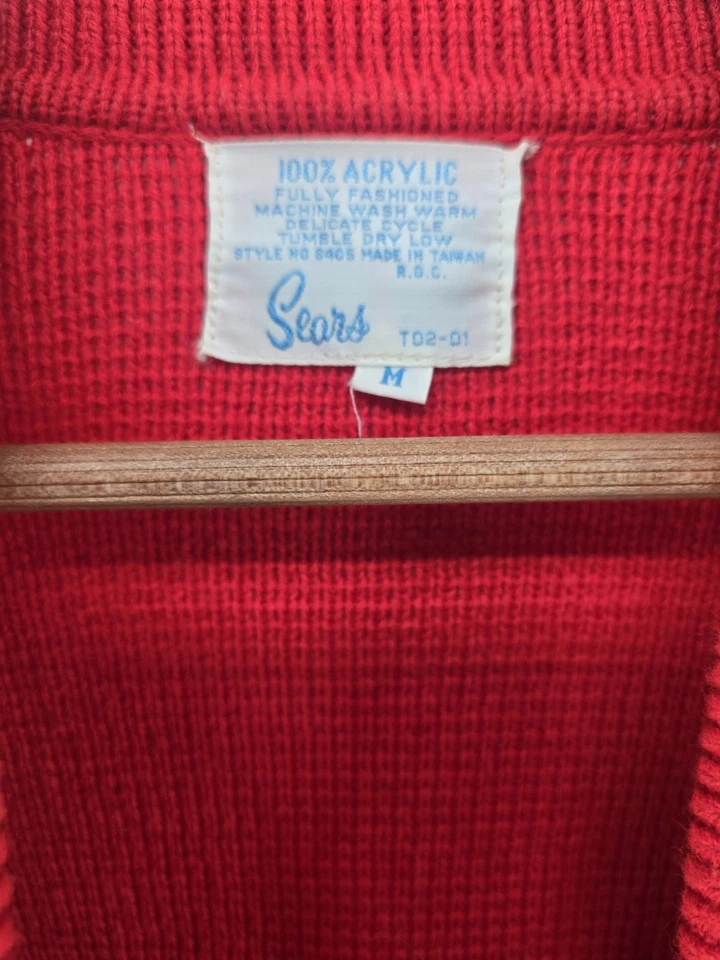 Sears Best Cárdigan Rojo Vintage Suéter Cuello Abotonado Bolsillos Mediano Foto 2 de 3