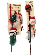 Lot Of 2 Merry Bright Catnip Cat Toys Fuzzy Feather Plush Bells Teaser Sticks