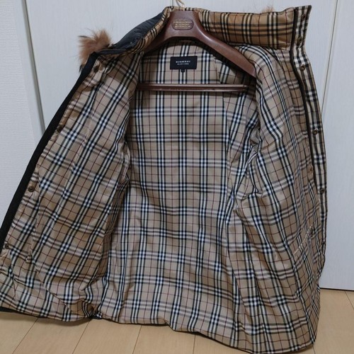 Burberry Black Label Polyester Down Jacket Black Check Lining Fur Hood Size L - Picture 21 of 24