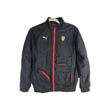 Puma Ferrari Black Windbreaker Full Zip Jacket Red Accents Pockets Youth 13/14 Y
