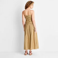 Women's Ruched Midi Tank Dress - Future Collective Khaki M: Lightweight Rayon,