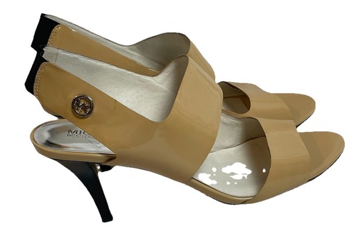 Michael Kors Strappy High Heels Sz 10M Nude Tan Patent Leather Peep Toe - Picture 4 of 13