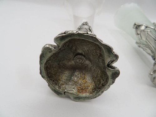 Vtg Lot 2 A E Williams Art Deco Women Fluted Glass Pewter Bud Vases 1 Frosted - Picture 12 of 14