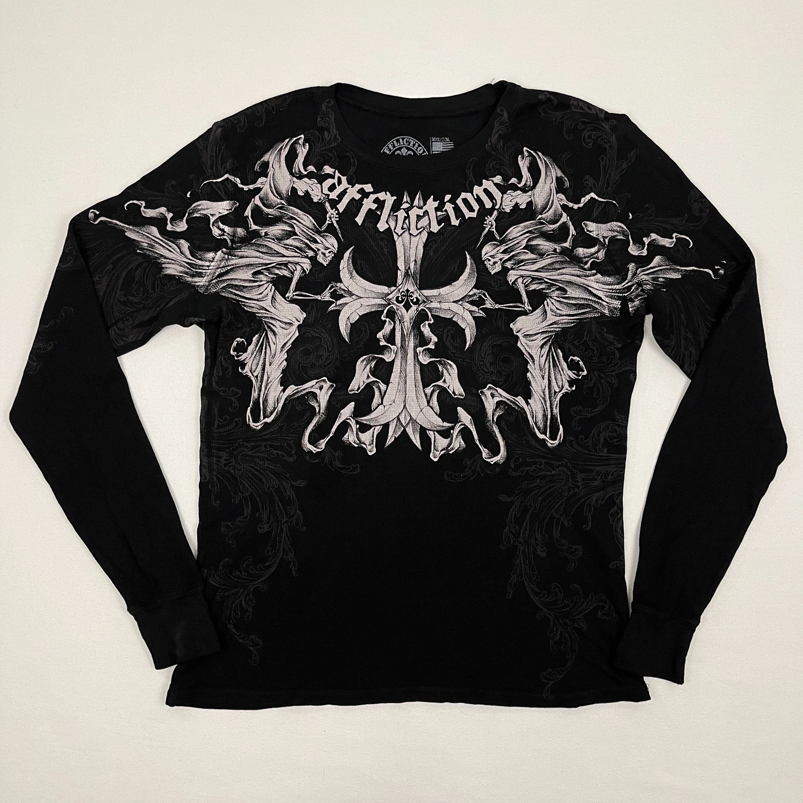 激レア　Afflictionコラボ Tシャツ　ダメージ加工 Y2K Mサイズ Y2K Affliction Shirt Mens M Black Thermal Skater Grun… - Gem
