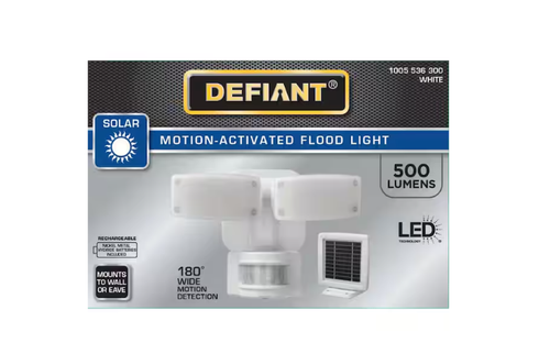 Defiant 180° White Motion Sensor Solar LED Outdoor Security Flood Light 500LM - Picture 1 of 11