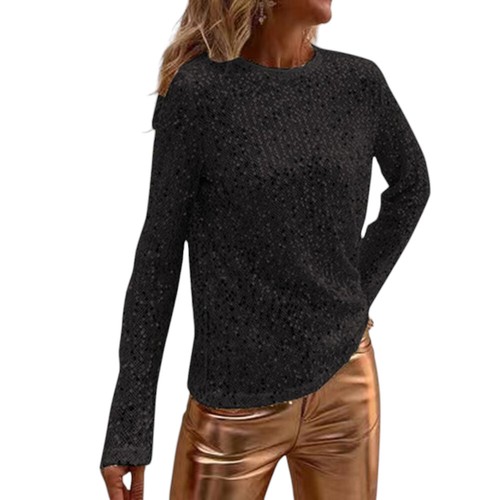 Womens Solid Pullover Round Neck Long Sleeve T-shirts Ladies Sequin Wedding Tops - Picture 14 of 20