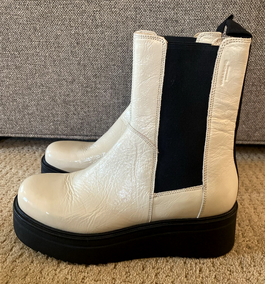 VAGABOND Tara Cream Patent Leather Chelsea Platform Boots US 38