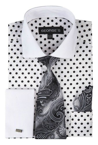 Men's 100% Cotton Polka Dot Dress Shirts Spread Collar French Cuffs MS613 - Picture 4 of 8