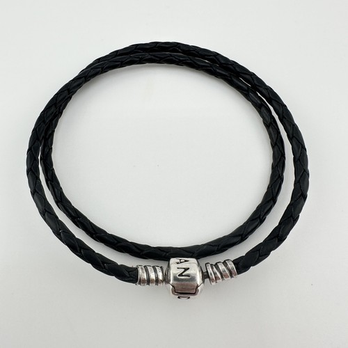 Pandora 925 Sterling Silver Black Braided Leather Wrap Charm 15” Bracelet - Picture 3 of 8