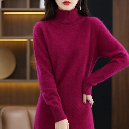 Damen Hochgeschlossen Langarm Einfarbig Locker Weich Strickkleid Winter Warm