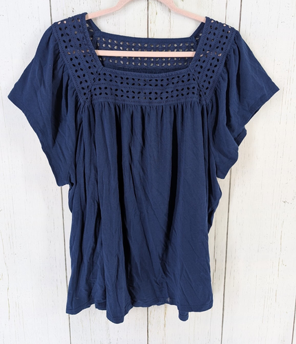 ST Johns Bay Plus Size 3X Womens Blue Eyelet Short Sleeve Blouse