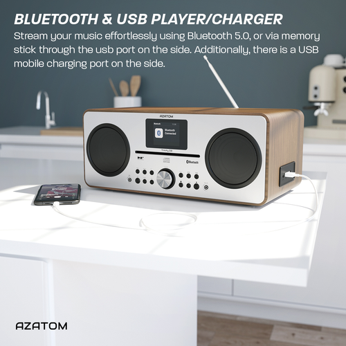 Azatom CD DAB DAB + Radio Reloj Alarma Bluetooth Altavoz FM Cargador Trinity Nogal - Imagen 5 de 7
