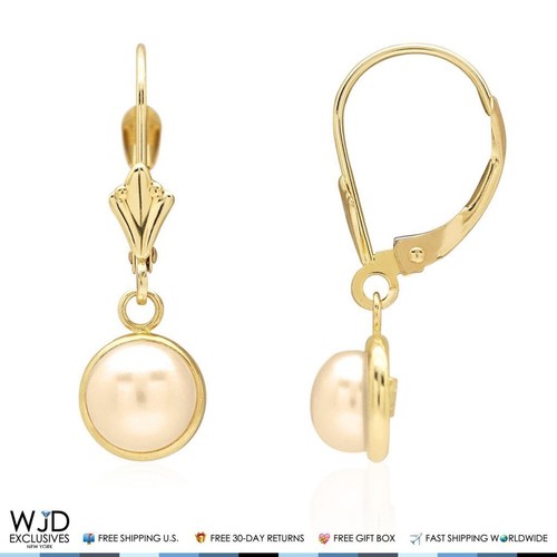 Juego de biseles de oro amarillo liso de 14 K con palanca trasera blanca perla 7 mm - Imagen 2 de 4