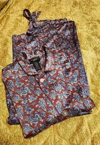 Christian Dior Monsieur Men's Vtg Silk Pajama Set Burgundy Paisley Print Size L