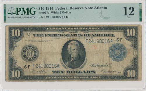 USA LARGE FEDERAL RESERVE NOTE ATLANTA 10 DOLLARS 1914 FR#927a - PMG 12 FINE