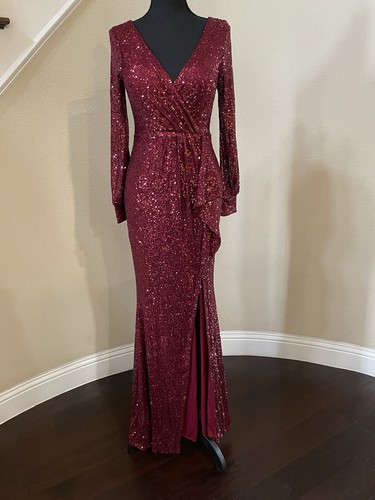 Women's Prom Dress Sequined Mermaid Evening Dress with Long Sleeve Sz S Maroon - 第 3/8 張圖片