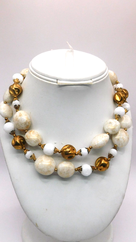 VTG DEAUVILLE DOUBLE  STRAND CHOKER WHITE  & GOLD BEADS NECKLACE CLASSIC JEWELRY - Picture 1 of 7