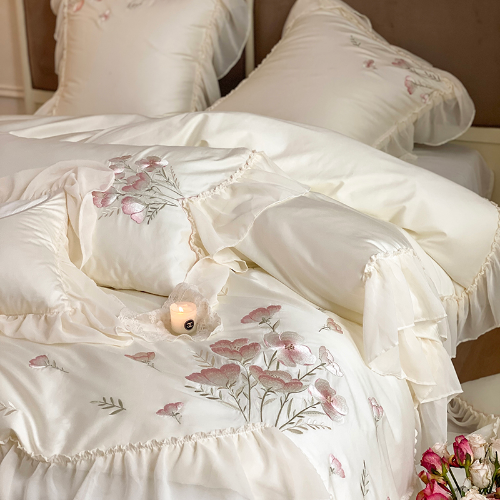 Juego de cama de princesa de lujo bordado flores de algodón egipcio cubierta de borde de encaje - Imagen 4 de 12