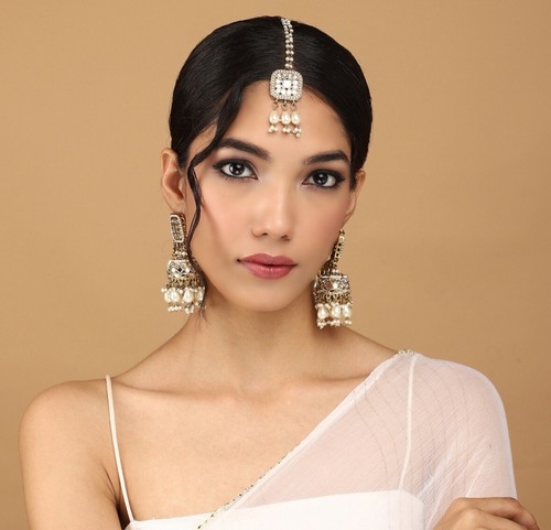 Orecchino indiano Bollywood Bahubali Jhumki placcato oro matrimonio sposa - Foto 4 di 4