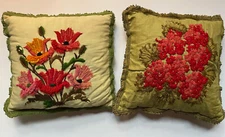 WOW! Pair VINTAGE Stitched Decorative Green PILLOWS Floral COTTAGE RARE Flowers