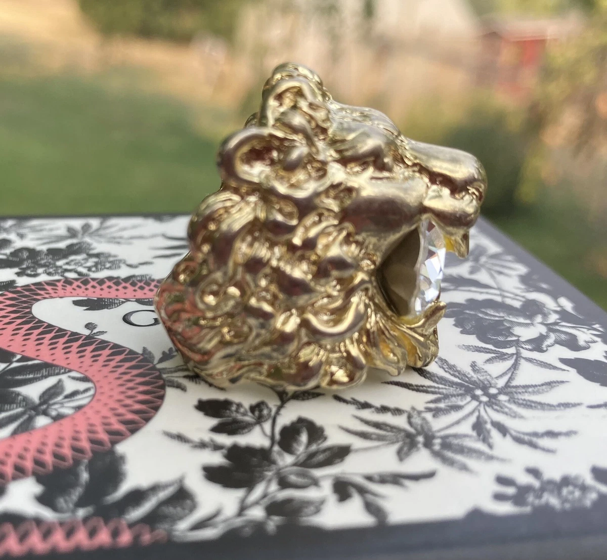 NWB Gucci Gold Lion Head Cocktail Ring Crystal Size 16 Torino