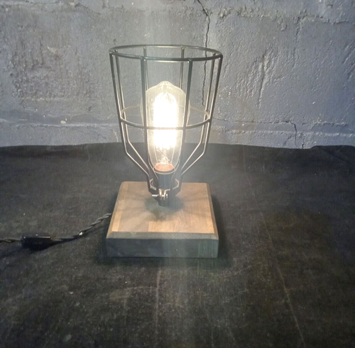 Rustic Wood Base Lamp with Vintage Edison Bulb and Metal Bulb Guard