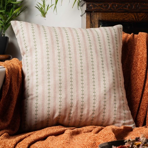 Cotswold Countryside Stripe Cushion Cover. Pink & Green Botanical Design. 17x17" - Picture 2 of 3