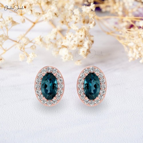 5x3mm Oval London Blue Topaz Earrings in 14k Gold Diamond Halo Stud Wedding Gift - Picture 17 of 22