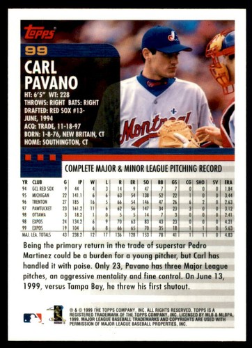 2000 Topps Baseball #99 Carl Pavano - Bild 2 von 2