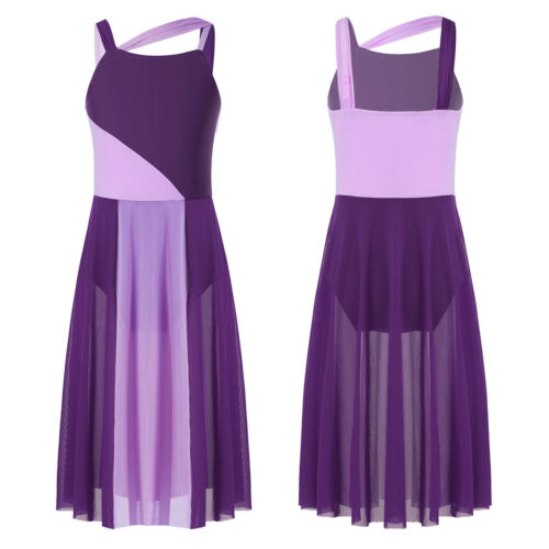 Girls Kid Lyrical Dance Dress Sleeveless Mesh Color Block Leotard Modern Costume - Picture 14 of 68