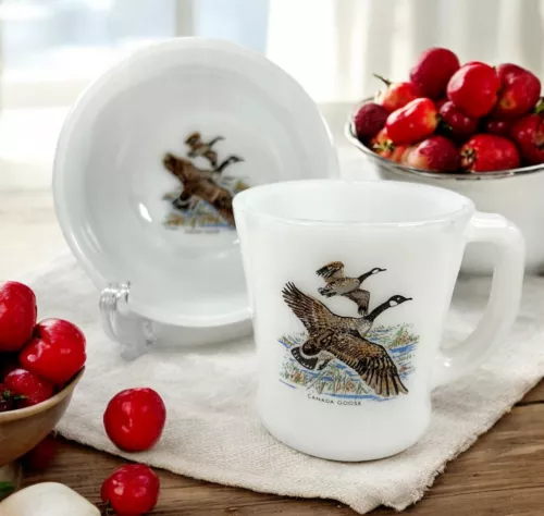 FIRE KING Glass GAMEBIRDS Coffee Cup Mug & Cereal/Soup Bowl Canada Goose Vtg