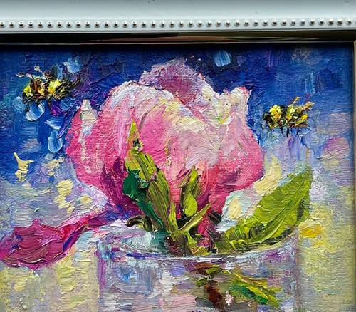 Magnolie Blume Biene Original Ölgemälde Frühlingsblumen kleine Kunst 4х4 Zoll so - Bild 10 von 11