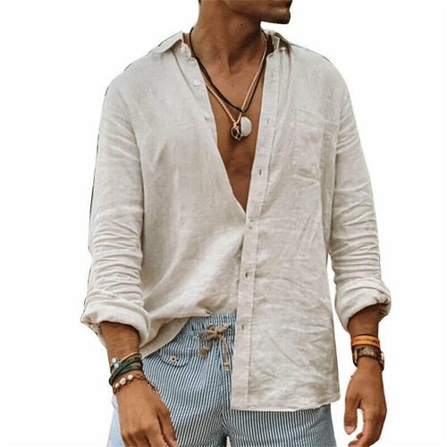 Camicie uomo cotone lino collo alto maniche lunghe camicie uomo - Foto 11 di 23