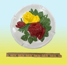 Ceramic Ashtray Yellow with 3D Red/Yellow Roses Green Leaves Hand Painted