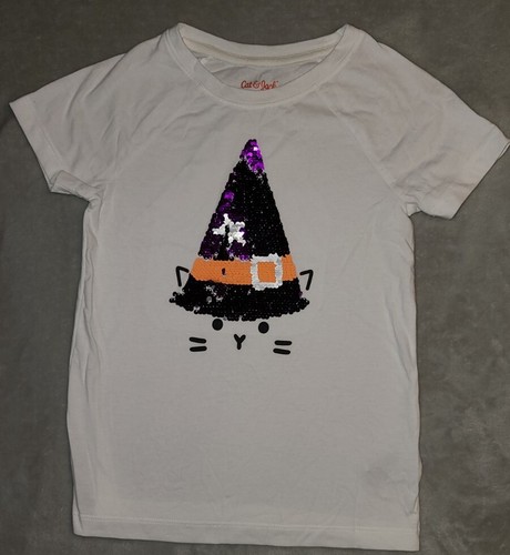NWOT Girls Cat & Jack White Short Sleeve T-Shirt Halloween Theme Sequins S 6-6X - 第 1/4 張圖片