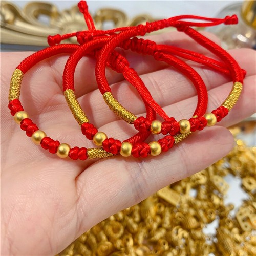 1PC 999 Pure 24K Yellow Gold Bracelet Women's 4mm Red String Knitted Bracelet - Picture 2 of 7