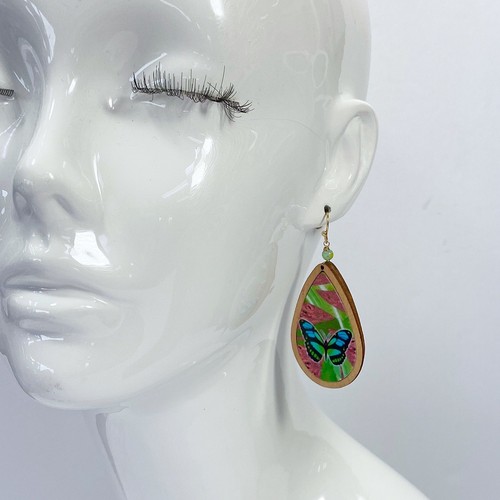 Teardrop shape Drop Dangle Blue Butterfly Wooden Earrings - Picture 2 of 3