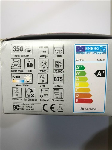 Caja de 6 Wickes GU10 5W = 50W LED 350 Lúmenes Bombilla de Punto Blanco Cálido A+ - Imagen 4 de 5
