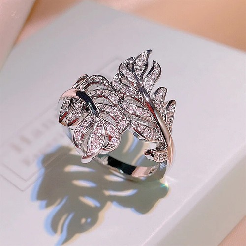 Sparkly Silver Leaf Ring Cubic Zirconia Crystal CZ Statement Diamante Feather - Picture 5 of 5