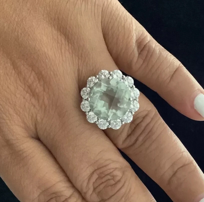 Anillo grande de plata de ley 925 con halo de prasiolita amatista verde de 14 quilates talla 6,5 Foto 2 de 4